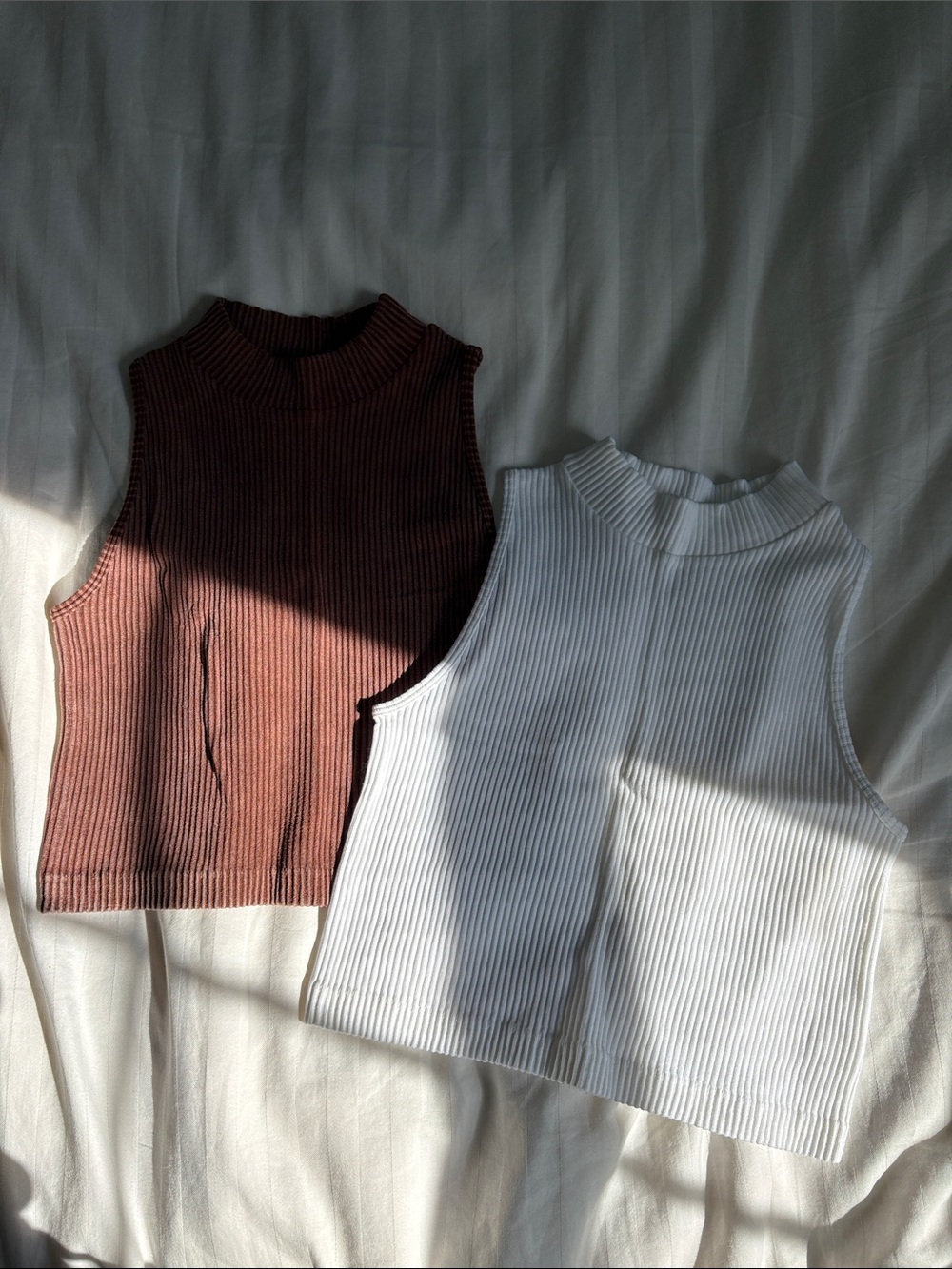Ribbed Sleeveless Crop Top Duo - Brown & White